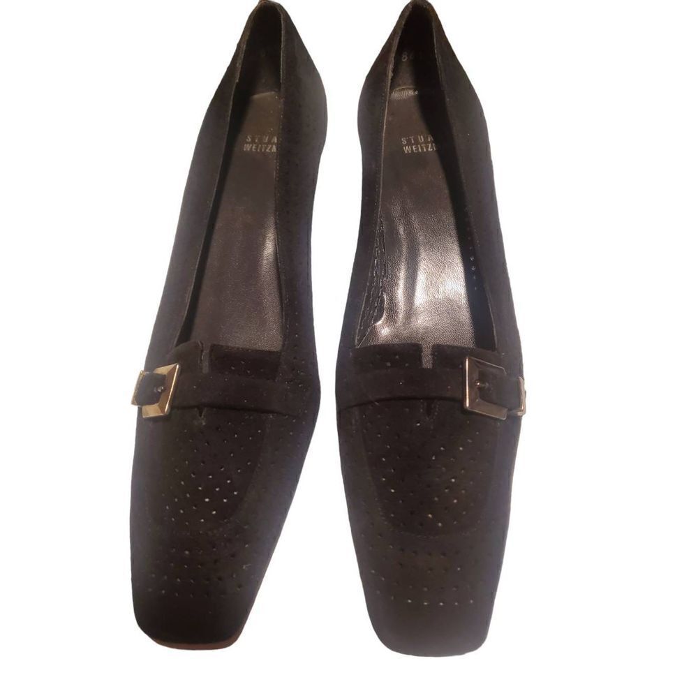 Stuart Weitzman Black Suede Perforated  Square Toe Kitten Heel Pumps Loafer With